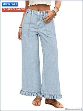 Wide Leg Jeans Ruffle Hem Women High Rise Elastic Waist Baggy Denim Pants